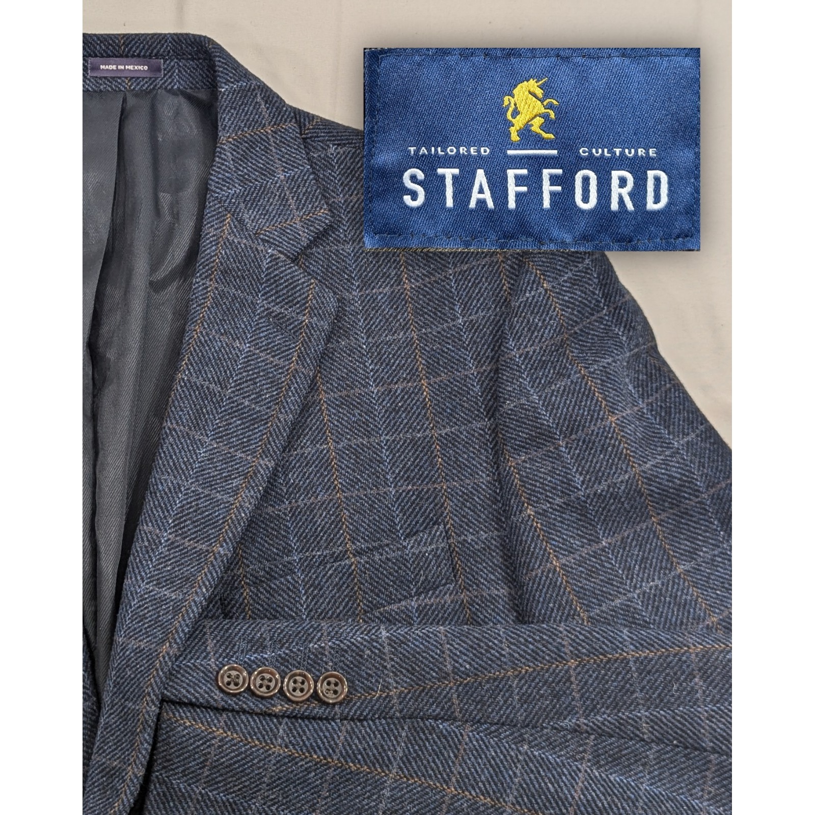 Stafford Blazer Sport Coat Suit Jacket Heavy Blue Wool Graph Check 48r 50" Chest